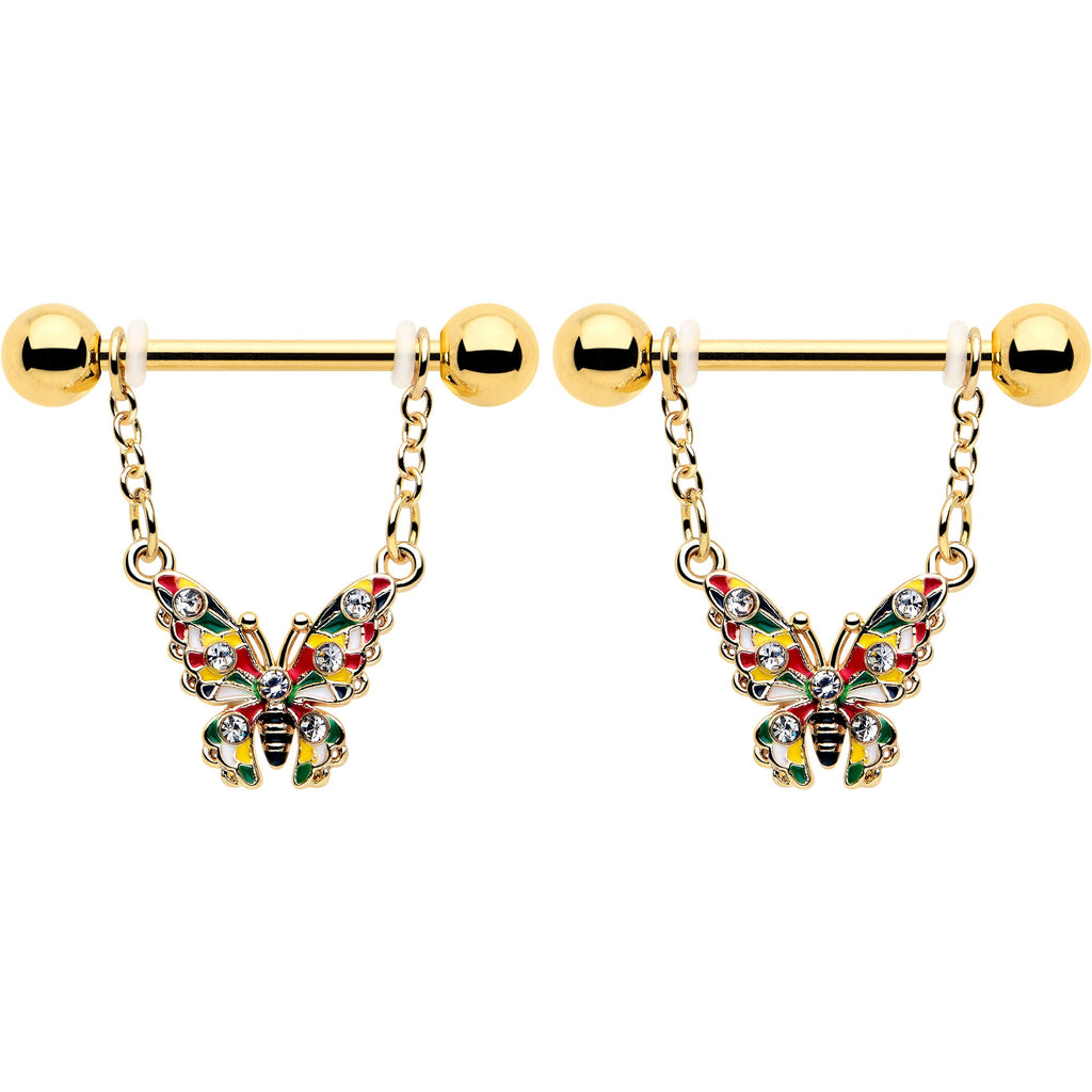 14G 9/16 Clear Gem Gold Tone Color Block Butterfly Dangle Nipple Ring Set