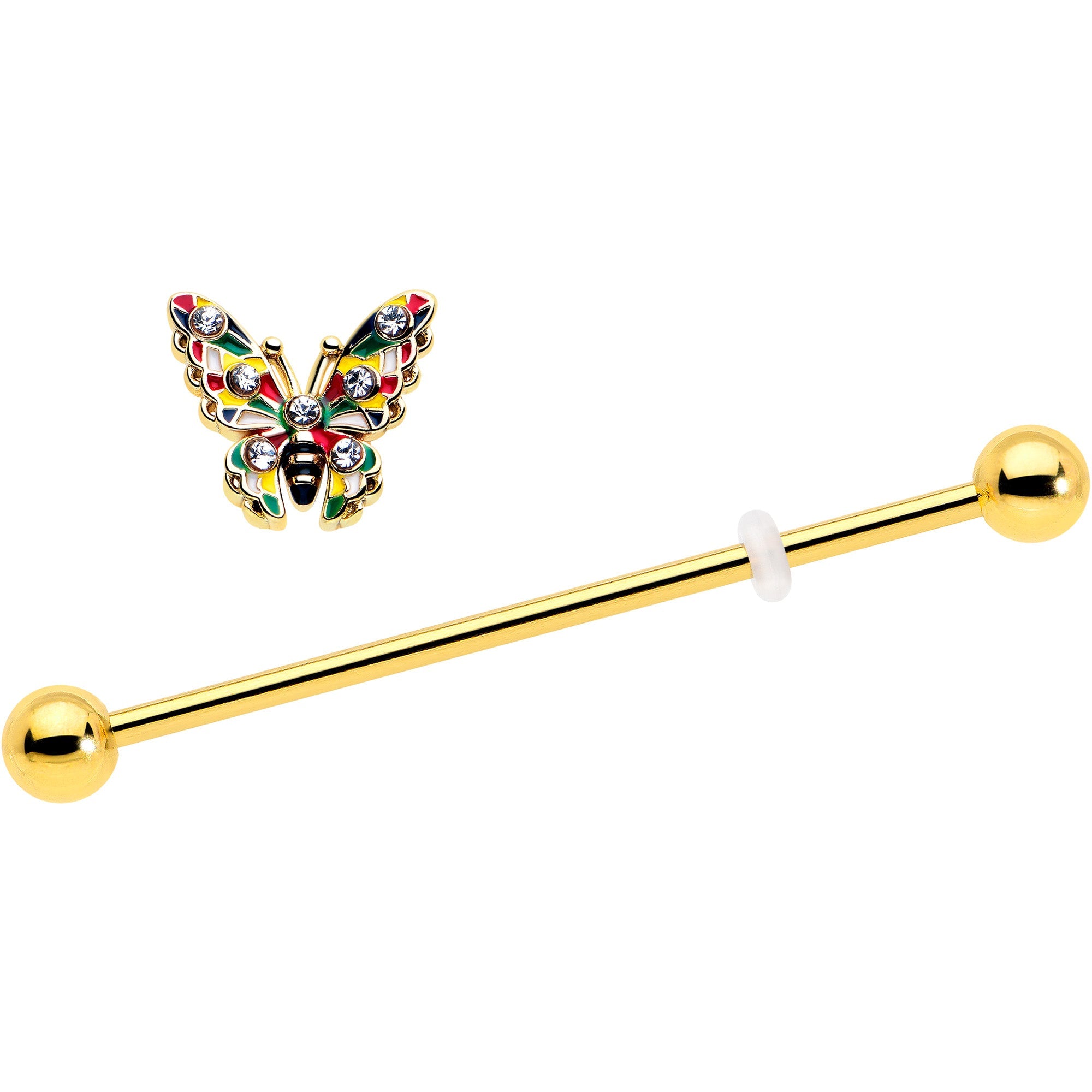 14G Clear Gem Gold Tone Color Block Butterfly Industrial Barbell 38mm