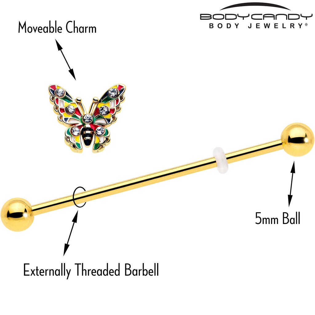 14G Clear Gem Gold Tone Color Block Butterfly Industrial Barbell 38mm