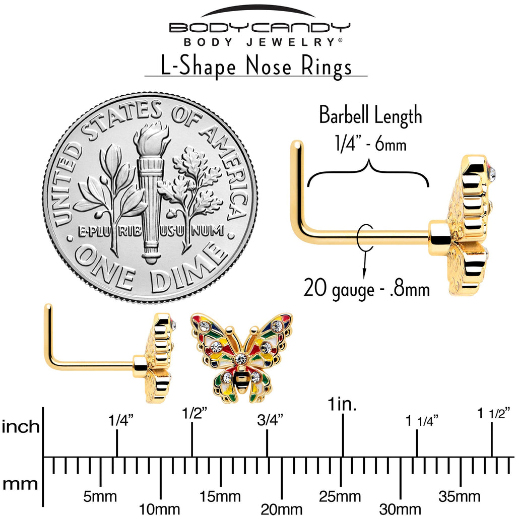 20G 7mm Clear Gem Gold Tone Color Block Butterfly L Shape Nose Ring