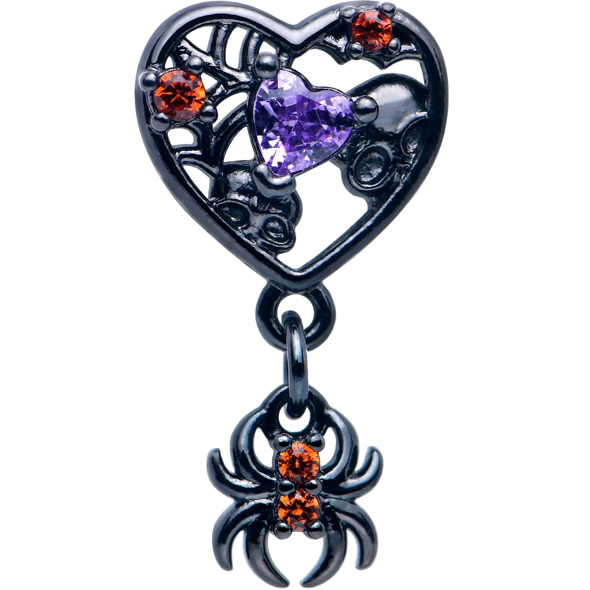 16G 1/4 Red CZ Gem Black Heart Spider Skull Dangle Cartilage Earring