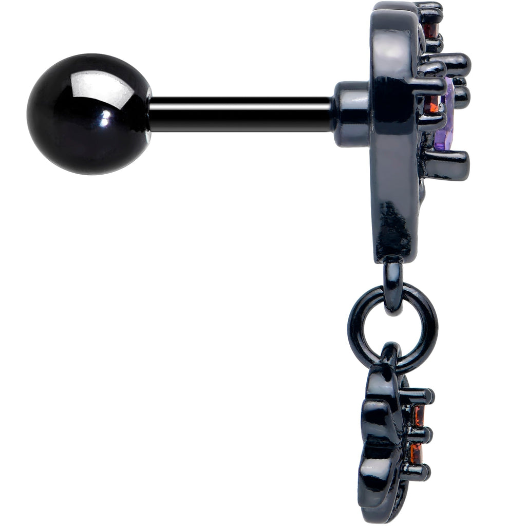 16G 1/4 Red CZ Gem Black Heart Spider Skull Dangle Cartilage Earring