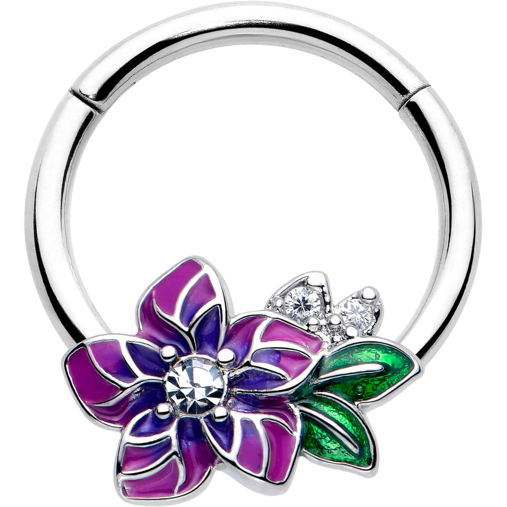 16G 3/8 Clear CZ Gem Flower Purple Hinged Segment Ring