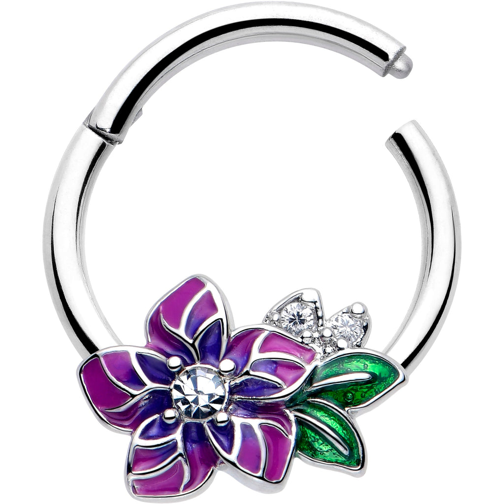 16G 3/8 Clear CZ Gem Flower Purple Hinged Segment Ring