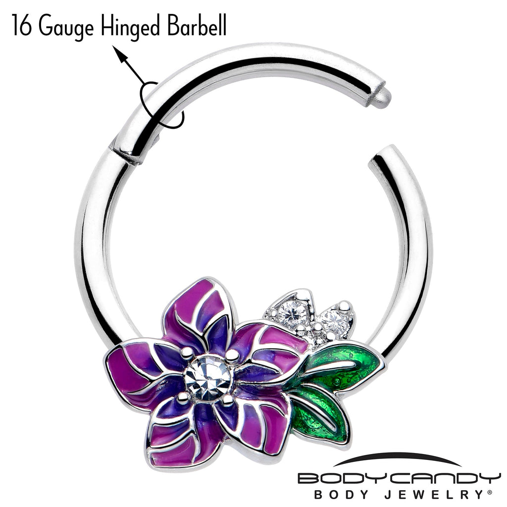 16G 3/8 Clear CZ Gem Flower Purple Hinged Segment Ring