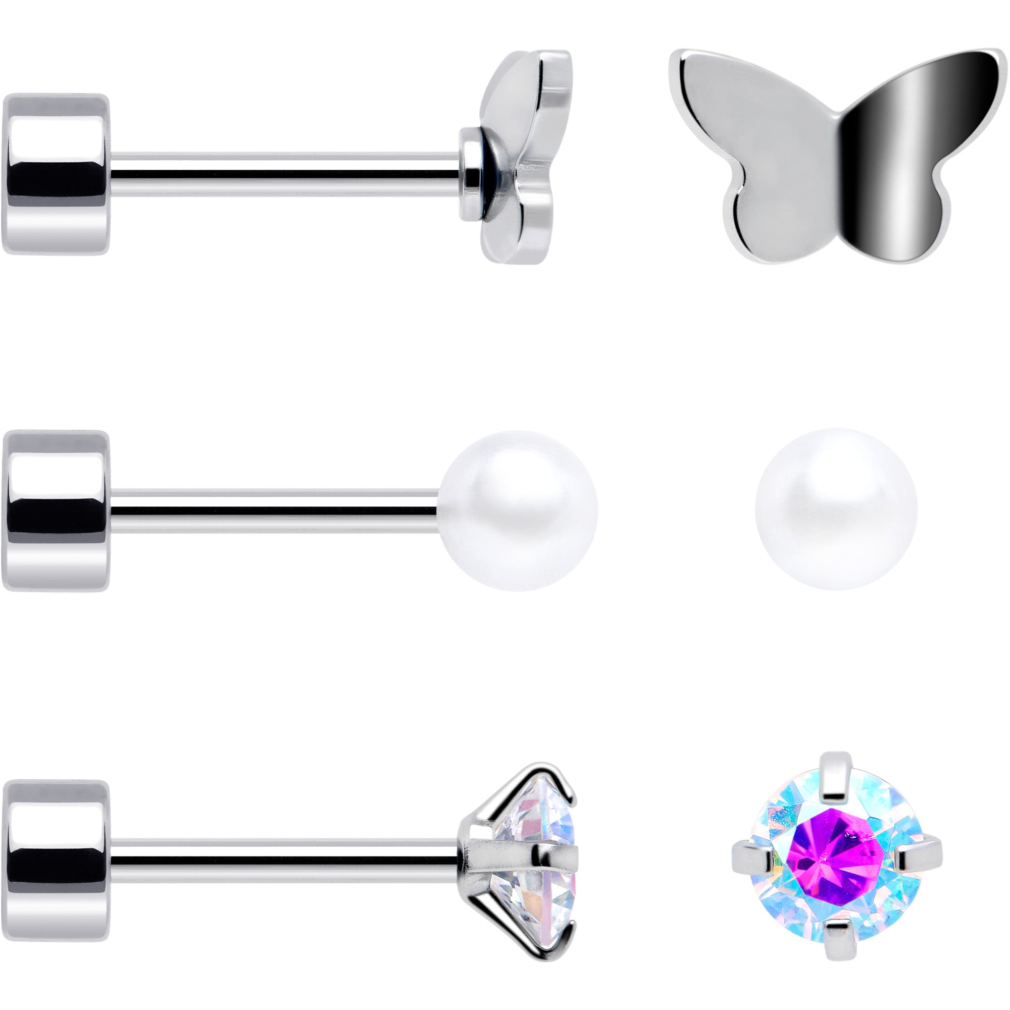 20G Aurora Gem White Orb Butterfly Flatback Earring Set of 6