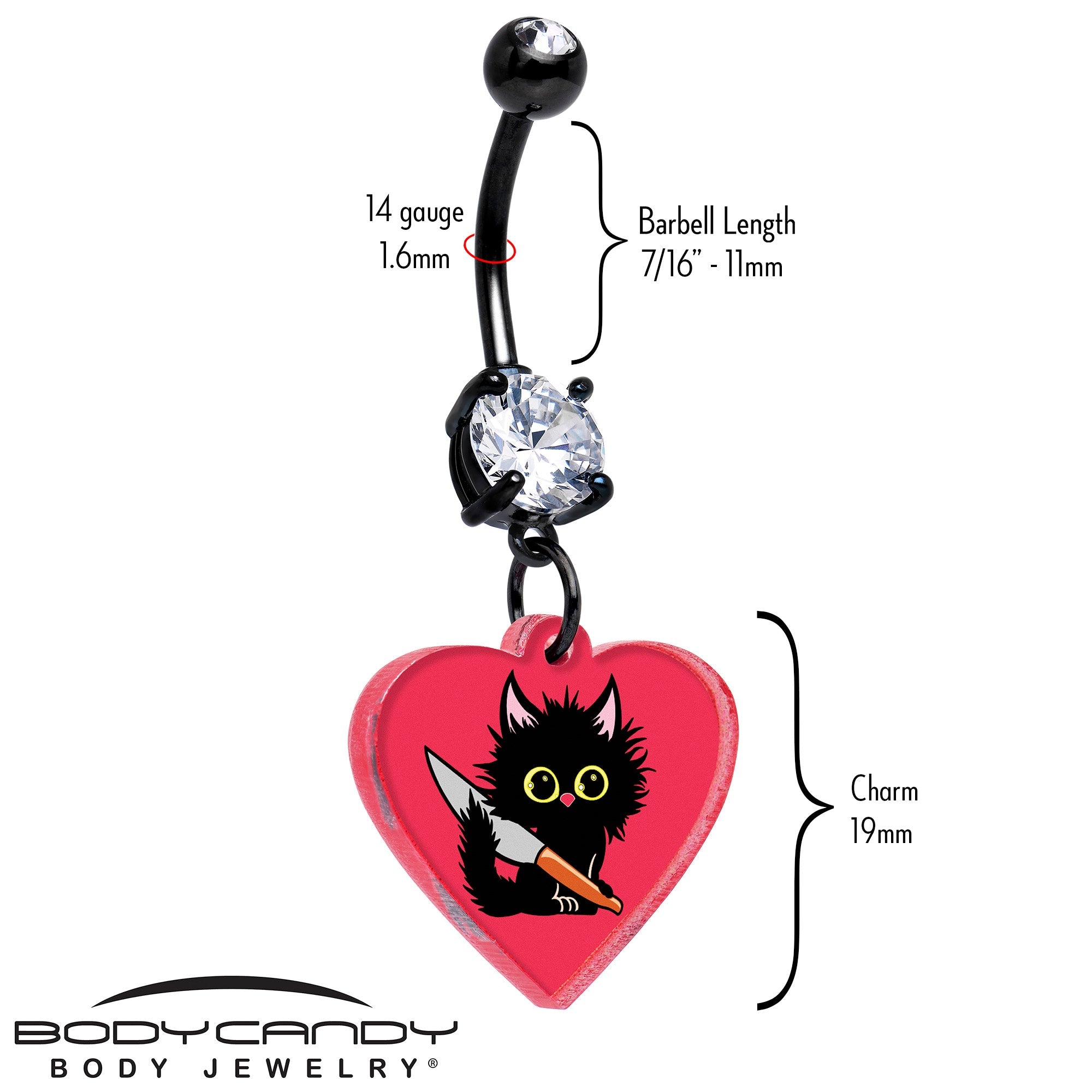 Black Double Gem Heart Staby Cat Dangle Belly Ring by Onyx O