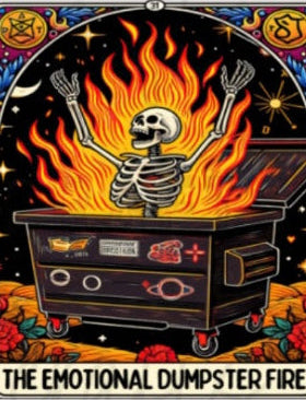 Illustration of a skeleton in flames on top of a dumpster with text 'The Emotional Dumpster Fire'.