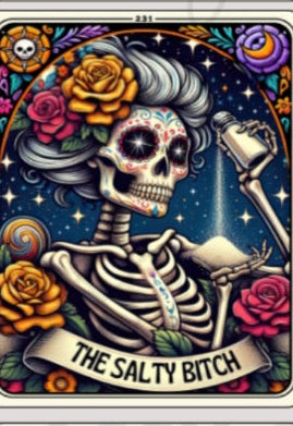 Colorful tarot card-style illustrations with skeletons and various titles on a white background.