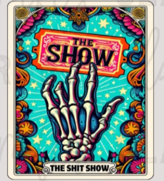 Colorful tarot card-style illustrations with skeletons and various titles on a white background.