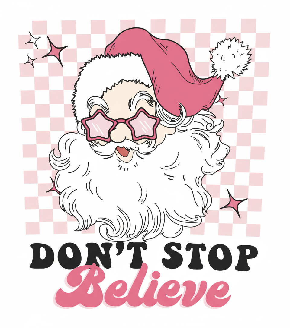 "Don't Stop Believe" Pink Santa Dtf vinyl Print - Tshirt